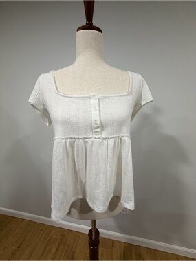 American Eagle White Ribbed Babydoll Peplum Top Square Neck Large